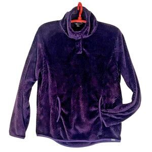 Eddie Bauer Womens XL 1/4 Snap L/S Purple Fuzzy Soft Top Shirt Kangaroo Pouch